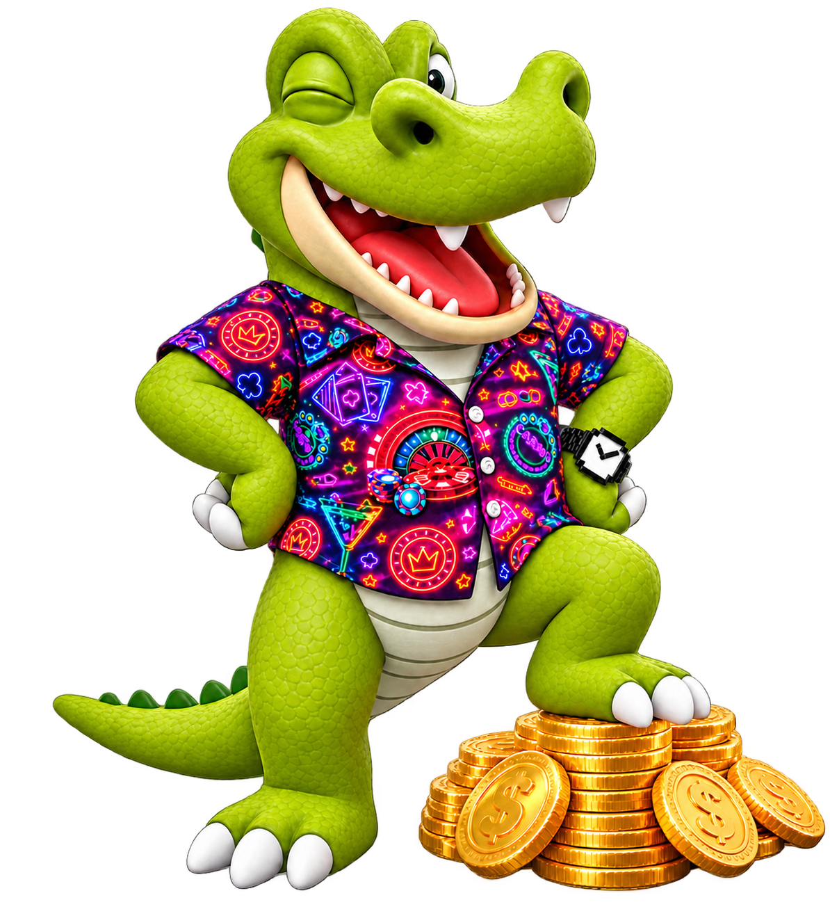 Mascota Jacaré con camisa de casino sobre monedas doradas